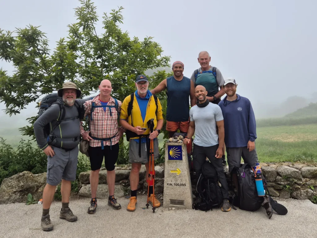 Camino de Santiago pilgrims at the 100km marker in Galicia