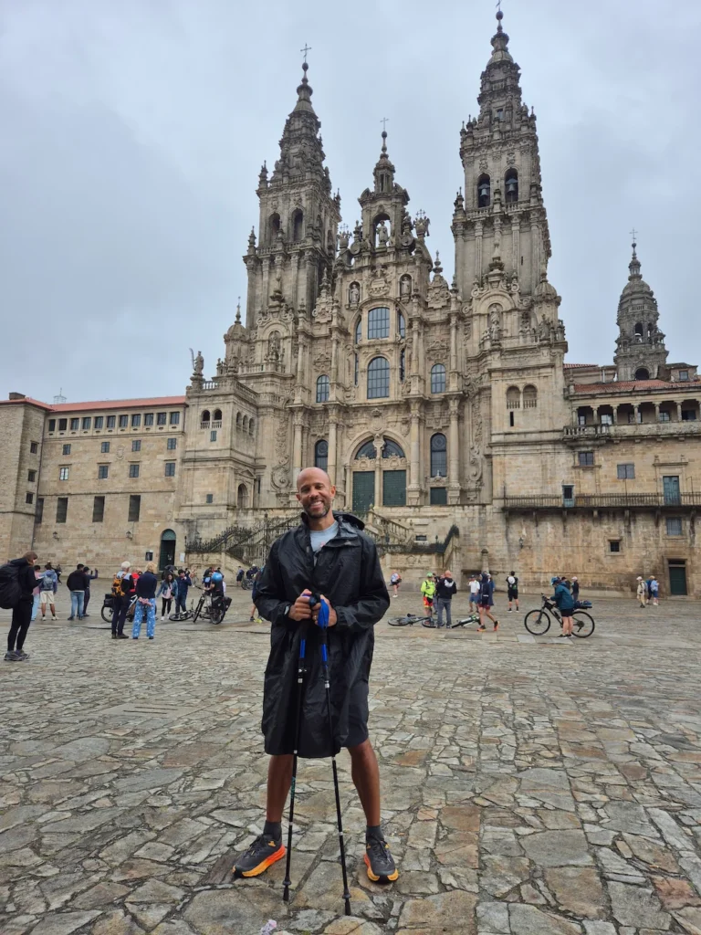 Simon in front of the cathedral in Santiago de Compostela