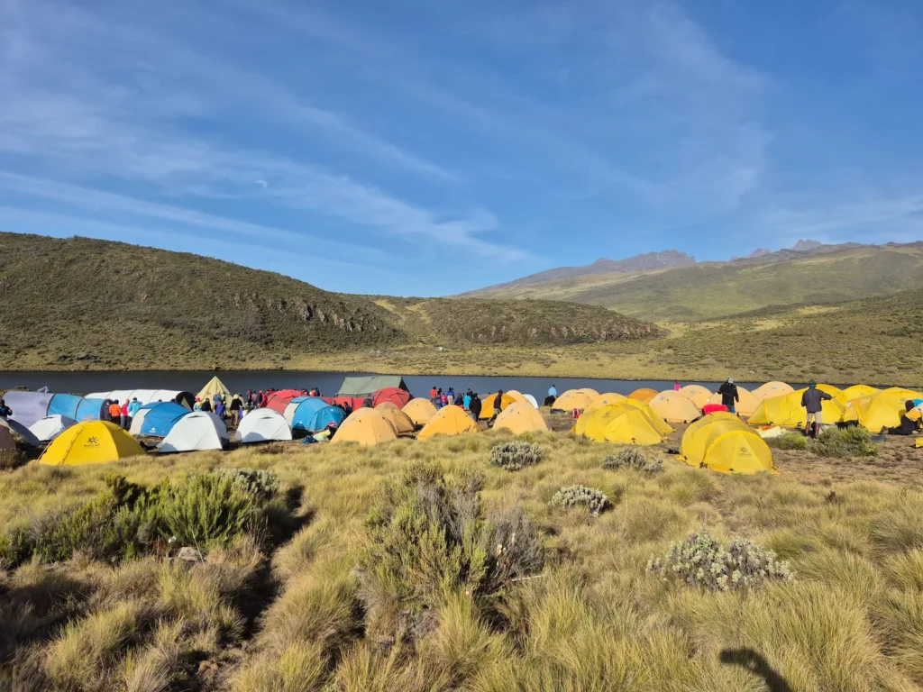 Tents pitched at Lake Ellis on Mount Kenya