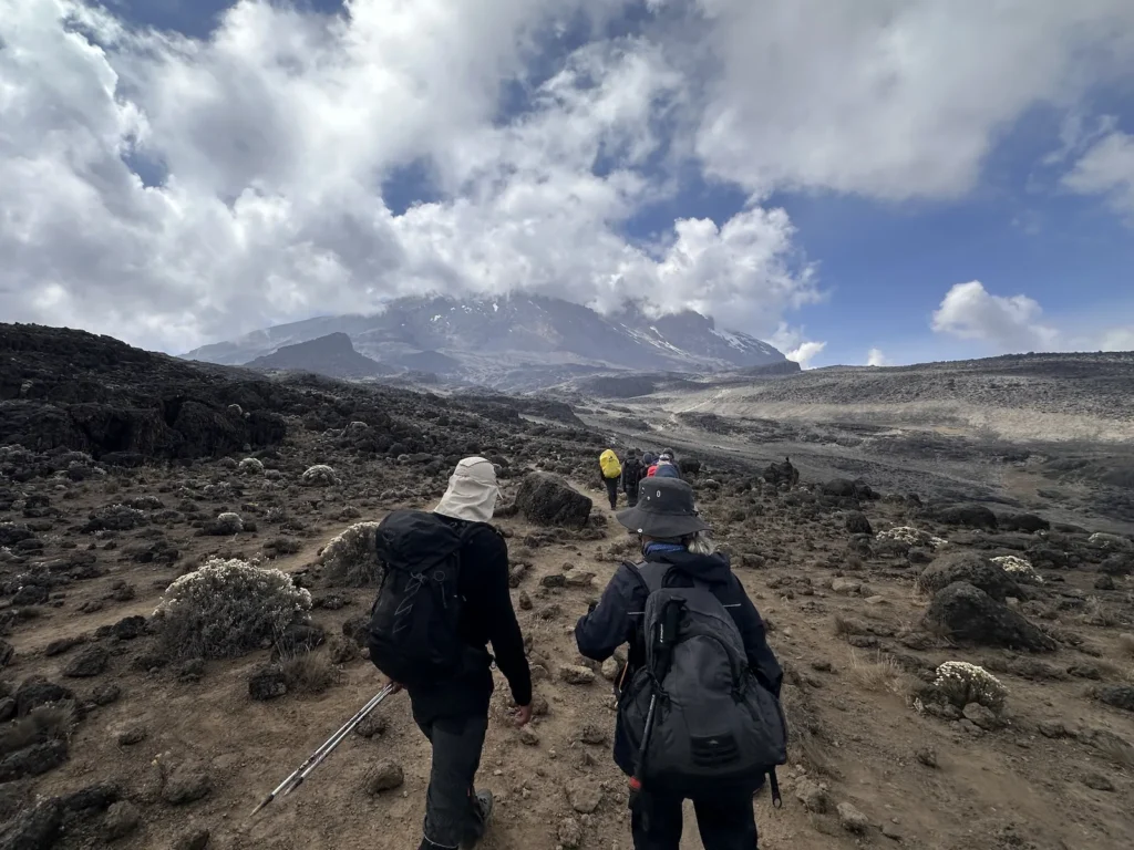Hikers hiking toward Lava Tower on Kilimanjaro