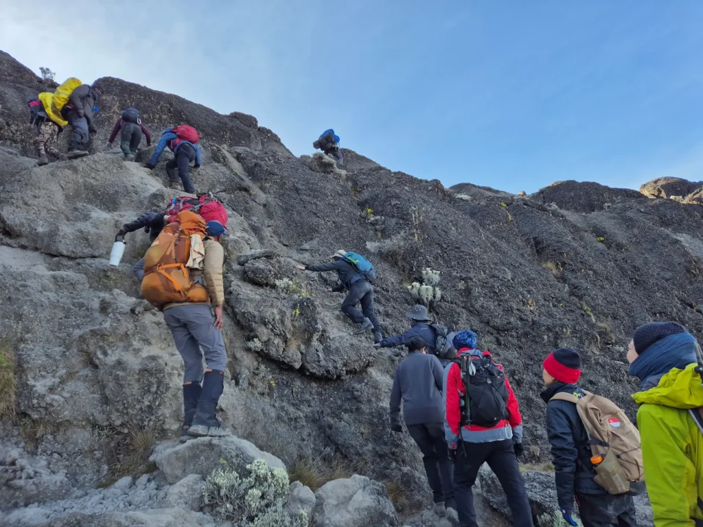 Hikers climbing the Barranco Wall on Kilimanjaro