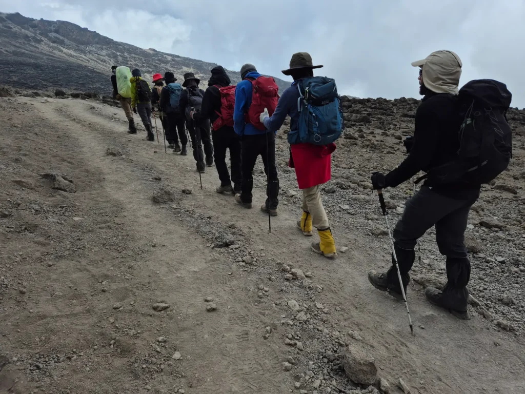 Hikers hiking towards Barafu Camp on Kilimanjaro