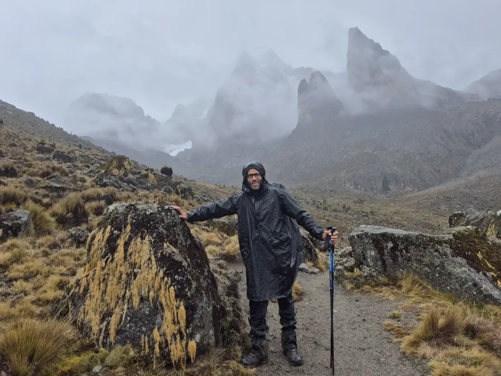 Simon in afternoon rain in Teleki Valley on Mount Kenya