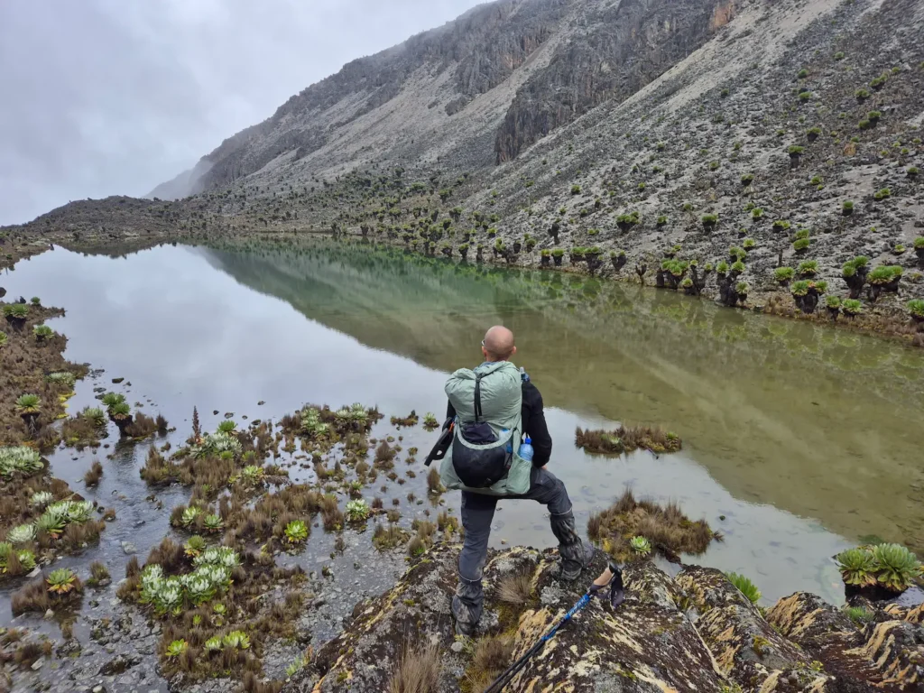 Simon at Hausberg Tarn on Mount Kenya