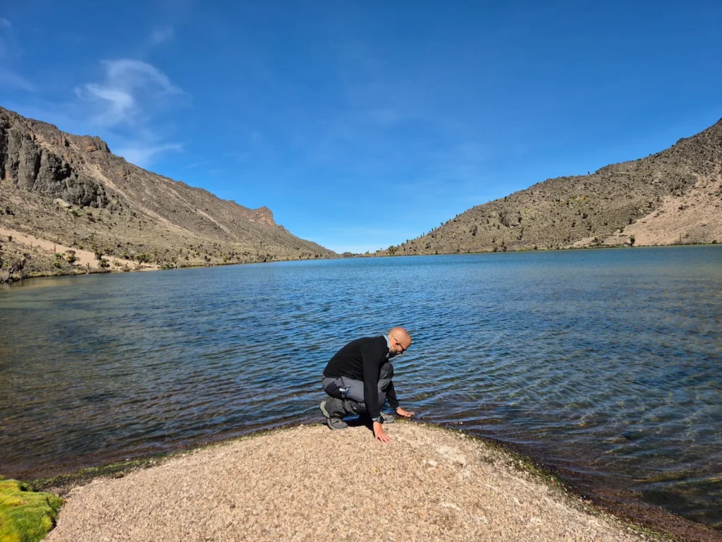 Simon at Teleki Tarns on Mount Kenya