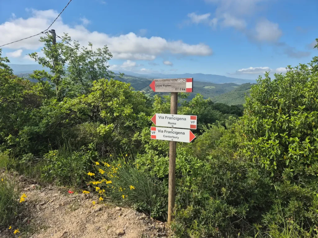Via Francigena signs pointing to Rome and Canterbury