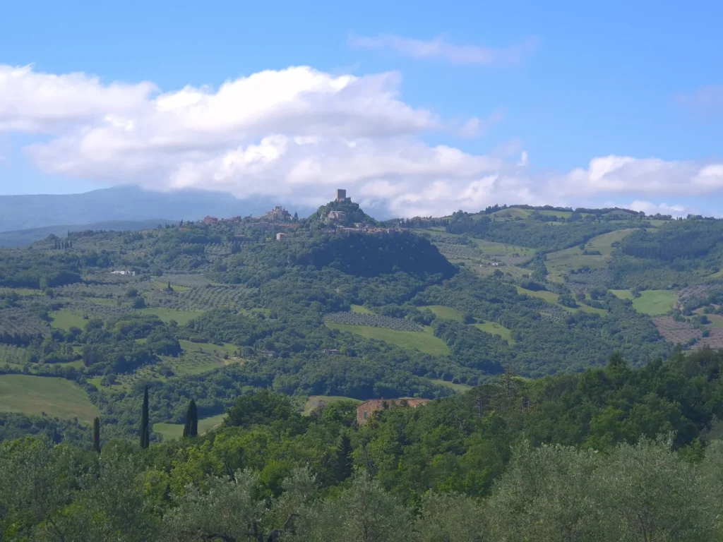 The Val d'Orcia with the hilltop village of Rocca d'Orcia in the background