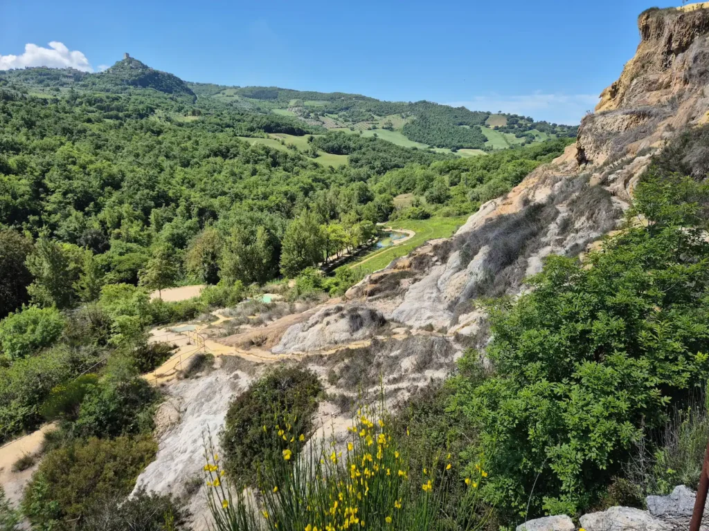 View of the Val d'Orcia and the thermal pools near Bagno Vignoni